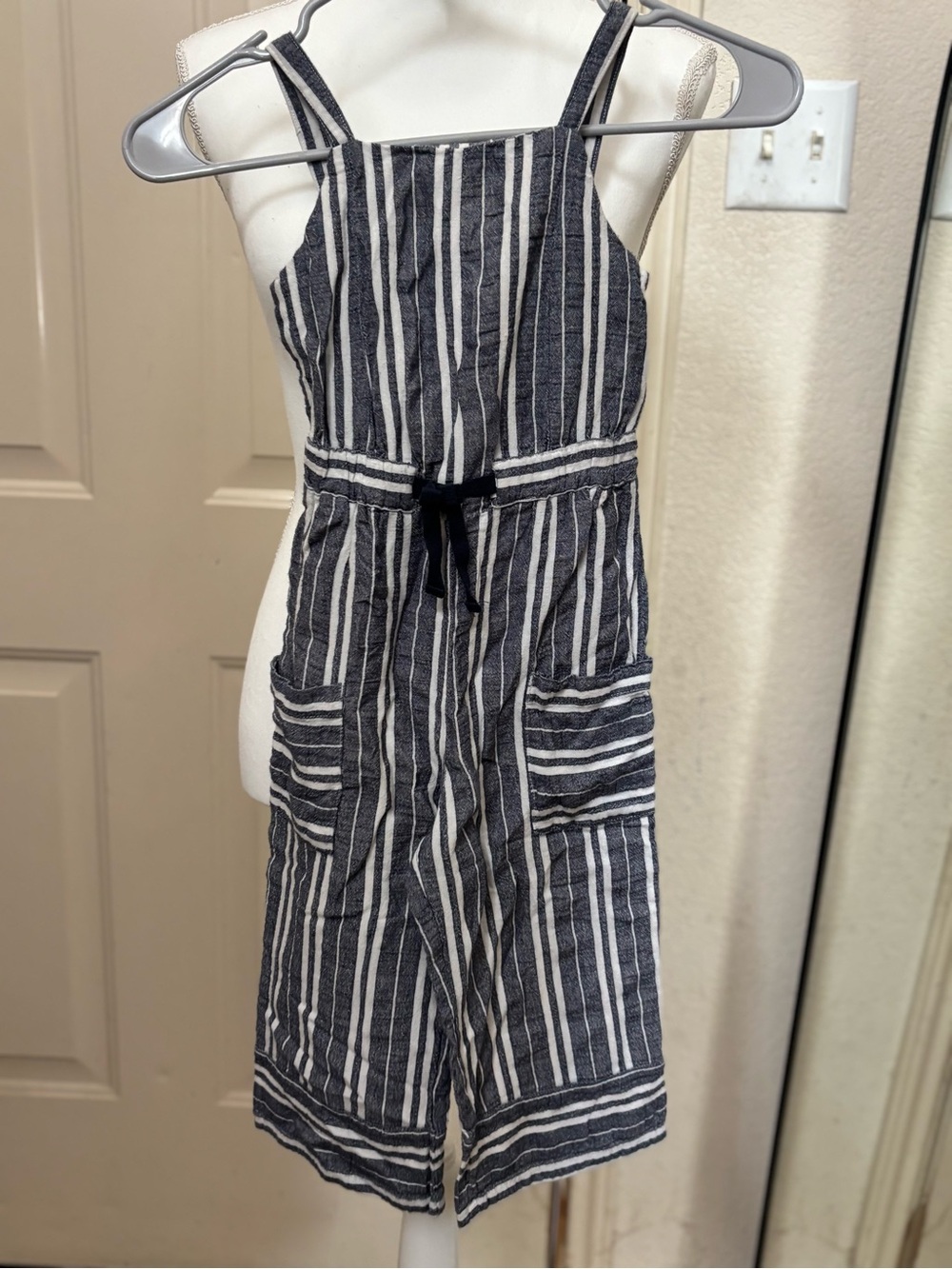 bebe Black and White Striped Midi Jumpsuit